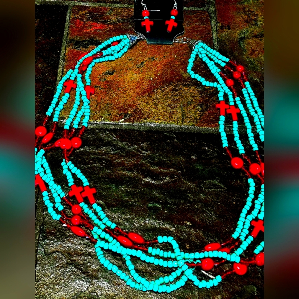 Turquoise & Red Beaded Necklace With Red Crosses.  0051